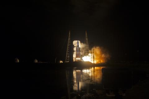 NASA Rocket Launch at night at distance