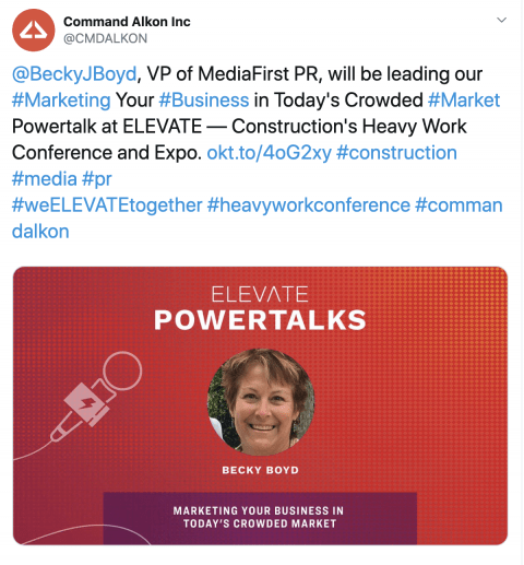 Becky Boyd, @BeckyJBoyd , VP of MediaFirst PR, will be leading our #Marketing Your #Business in Today's Crowded #Market Powertalk at ELEVATE — Construction's Heavy Work Conference and Expo