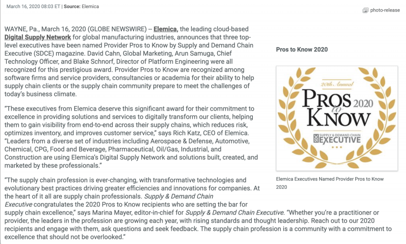 Elemica Three Pros to Know 2020, Supply & Demand Chain Executive Magazine